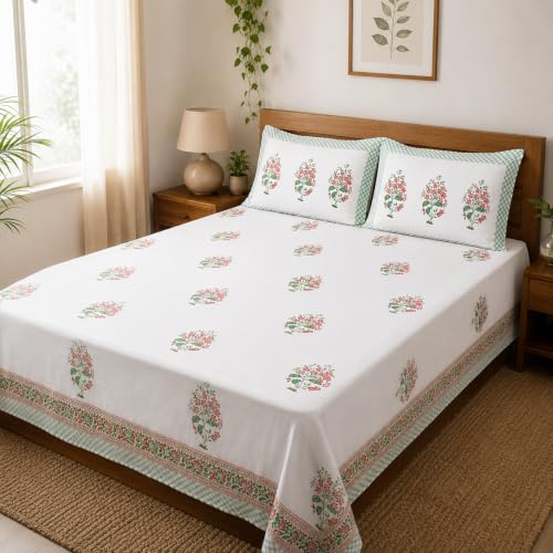 Image of Premium Bedsheet with 2 Pillow Covers I Hand Block I Pure & Soft Percale Cotton I 300 TC I 90x108 inches (King Size Double Bed Bedcover) I Floral Pattern I Peach & Green