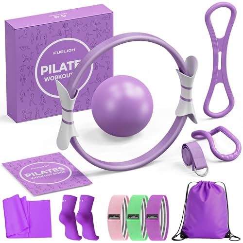 Fuelion Pilates Ring Set for Women Home Workout Pilates Equipment with Resistance Bands 14 Magic Circle Mini Ball Pilates Starter Kit for Strength Toning and Flexibility (Purple Medium-Level2)