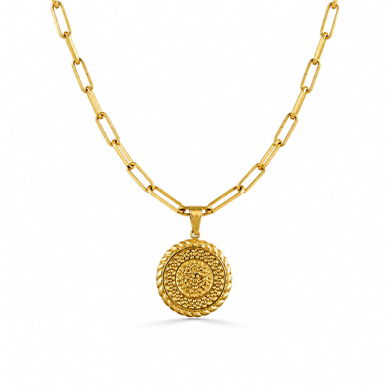 Halskette Damen Gold Paperclip Medaillon Coin 18K vergoldet