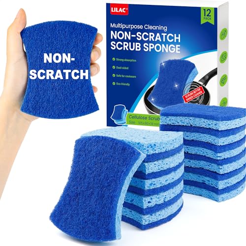 Image of LILAC Non Scratch Sponges, 12 Count, Natural Cellulose Scrub Sponge for Dishes, Non Stick Cookware, Kitchen, Bathroom, Household (Blue)