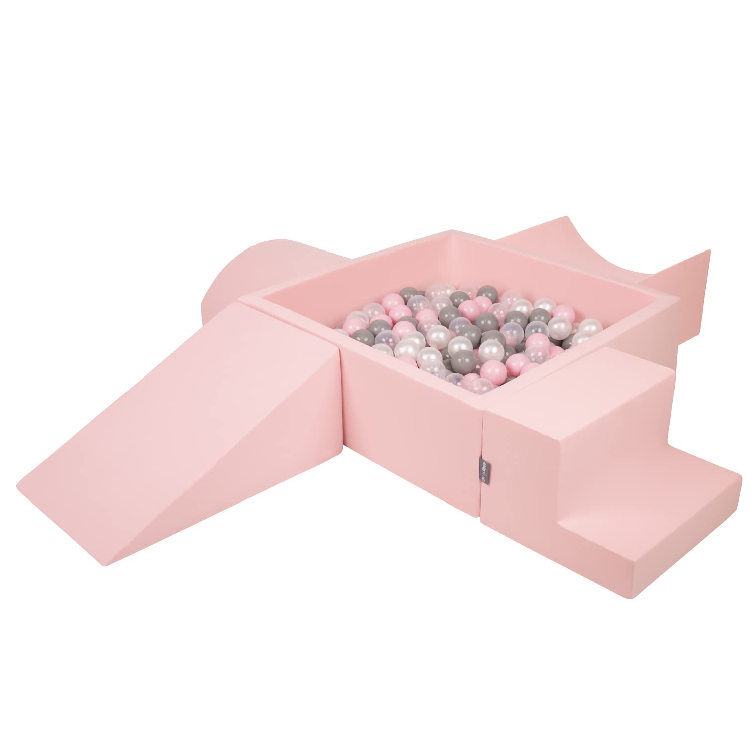 KiddyMoon Foam Playground For Kids With Square Ballpit (200 Balls ∅ 7Cm/2.75In) Soft Obstacles Course And Ball Pool Made In EU, Pink:Pearl/Grey/Transparent/Powder Pink
