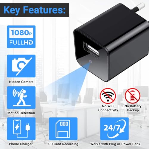 Image of Eye4Spy 1080P USB Charger Mini Camera - Motion Detection, Loop Recording, No Wi-Fi, Support Up to 256GB Card - Home & Office Security Surveillance Camera with Free Type-C OTG Connector