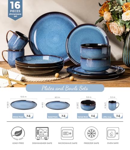 Image of LERATIO Ceramic Dinnerware Sets for 4,16-Piece Reactive Glaze Plates and Bowls Set with Mugs,Highly Chip and Crack Resistant | Dishwasher,Microwave & Oven Safe Dishes set-Blue