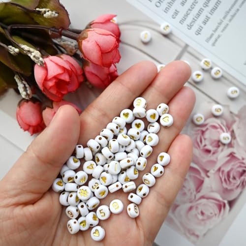 Image of Amaney 600pcs Gold Number Beads 0-9 Symbol # Heart Acrylic Beads 7x4mm White with Storage Box