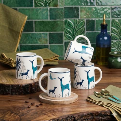 Image of Alive Blue Deer Art Printed Ceramic Tea /Coffee Mug Set of 6 (300 ml) | Microwave & Dishwasher Safe |Premium Ceramic Mugs for Home, Office & Gifting