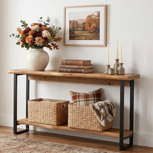 TRIBEWOOD Solid Wood Live-Edge Console Table for Entryway Farmhouse 63-Inch Narrow Long Sofa Table Behind Couch with Unique Shape Heavy-Duty Metal Legs Ideal for Foyer Entrance Living Room