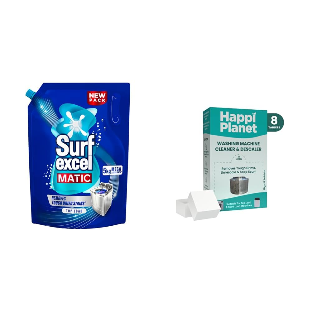 Surf Excel Matic Top Load Liquid Detergent 5Kg Refill Pouch, Specially designed to remove Tough Dried Stains, 1st time in Washing Machine & Happi Planet | Washing Machine Cleaner & Descaler Tablets-image-46