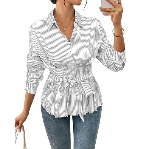 Bsubseach Women Blouses Striped Long Sleeve Button Down Shirts V Neck Collared Boho Tops 2025 Casual Business Work Outfits White Background With Black Stripes Large