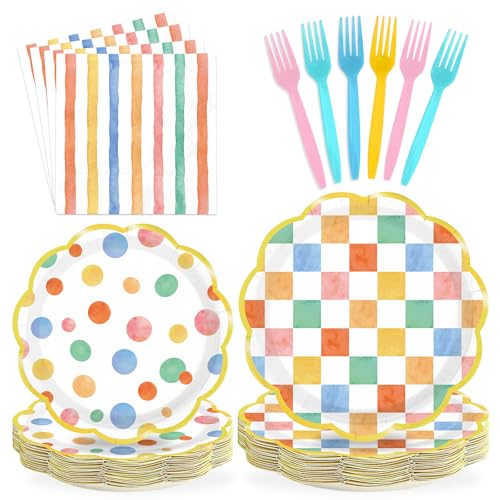 Greencian 96Pcs Pastel Gingham Decorations Rainbow Gingham Plates and Napkins Colorful Striped Plaid Dots Tableware Set for Boys and Girls Baby Shower Pastel Birthday Preppy Party Supplies Serves 24
