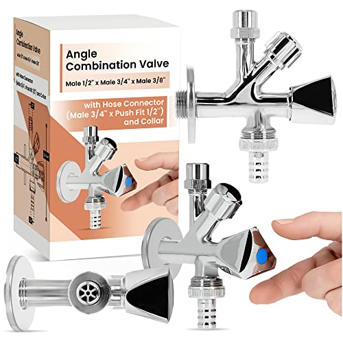 Vanne d'Angle Combinée Robinet Équerre 1/2'' x 3/4'' x 3/8'' Universelle Auto-Étanche Raccordement Lave-Vaisselle Lave-Linge Conduites d'Eau Chaude et Froide Laiton Chromé