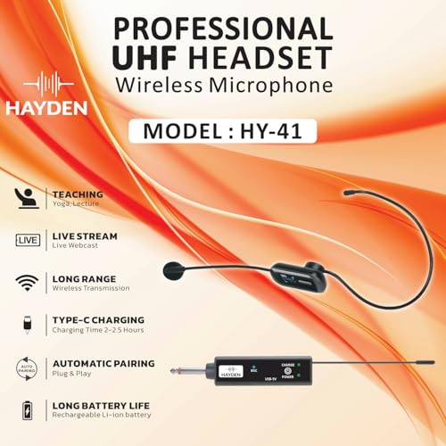 Image of hayden HY-41 Wireless UHF Headset Microphone - Head-Mounted Mic for Teaching, Livestreaming, and Conferences | Long Range, Voice Absorption, Type-C Charging, Long Battery, Crystal-Clear Sound