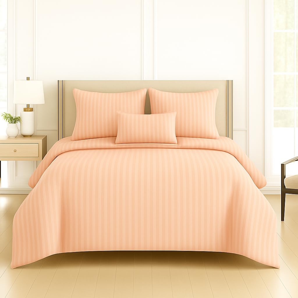 DECOR2ADMIRE 300TC Cotton Plain Stripe Queen Size Double Bedsheet for Double Bed with Two Pillow Covers (Queen, Peach) (90 * 100 Inches)