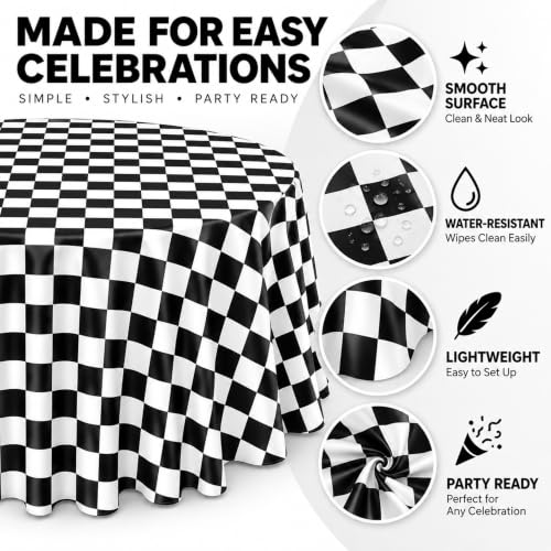 Image of 4 Pack Black and White Checkered Round Tablecloths, 84 Inch Plastic Covers
