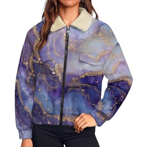 Manteau chaud violet en sherpa et feuille d'or luxueuse