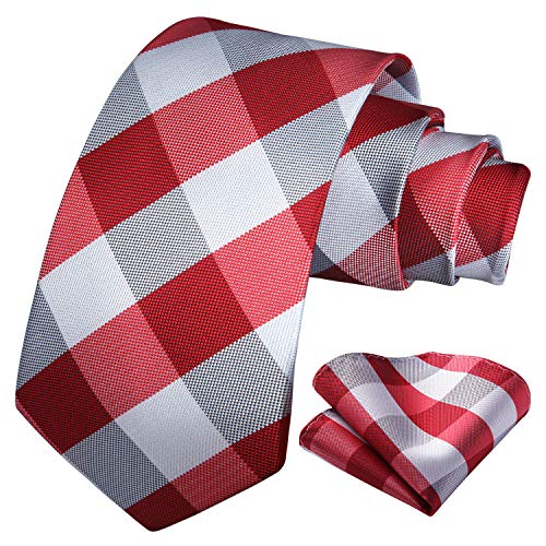 HISDERN Plaid Checkered Tie Handkerchief Woven Classic Men's Necktie & Pocket Square Set Red