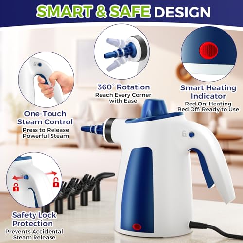 Image of Handheld Steam Cleaner, 230F Pressurized Steamer with No Water Spitting & Continuous Steam, 350ML Chemical-Free Deep Cleaning for Grease & Grime, 12 Accessories for Grout, Bathroom, Kitchen & Car