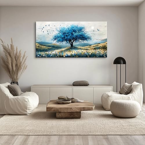 ZUITINGHUA Large Wall Decor For Living Room Canvas Wall Art For Office Modern Wall Decorations For Bedroom The Blue Tree Landscape Painting Farmhouse Pictures Artwork Room Home Decor 24x48 In