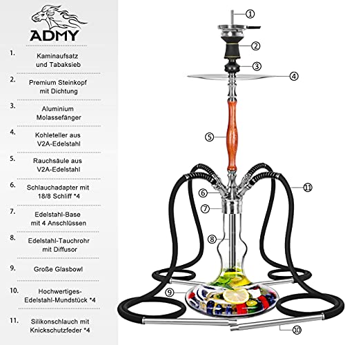 ADMY Shisha Set, Edelstahl V2A 95cm Hookah Komplettset Wasserpfeife mit 4 Anschlüssen | Aluminium Molassefänger | Holz… – Bild 3