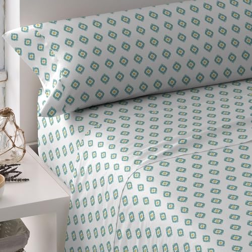 TRAMAS+ Sabanas 140x190/200cm 100% algodón Suave, Juego de sábanas 3 Piezas, Sabana Bajera Ajustable, Encimera, 1 Fundas de Almohada 155x45cm, Certificado Oeko Tex- Cama 135, Joy Agua Marina
