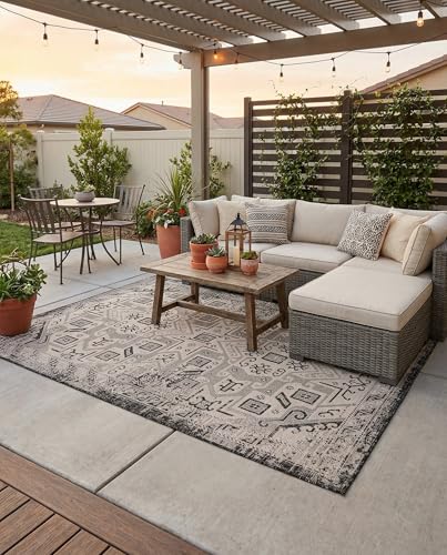Rugs.com - Outdoor Aztec Rug – 6' 1 x 9' Charcoal Gray Indoor/Outdoor Rug – Weather Resistant Flatweave for Patio, Deck, and Porch