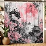 Drachen-Duschvorhang, schwarz-rot, künstlerisches Drachen-Design, Duschvorhang für Badezimmer, Frühling, Sommer, moderner asiatischer Stil, wasserdichter Stoff, Duschvorhang-Set mit Haken, 183 x 183