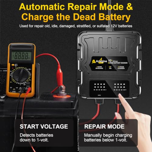 Image of 2 Bank Marine Battery Charger, 20A (10A /Bank) 12V IP68 Waterproof LCD Onboard Battery Charger with Overcharge Protection, Battery Maintainer for Lead-Acid, AGM, Gel, LiFePO4, Lithium, Boat, Car, RV