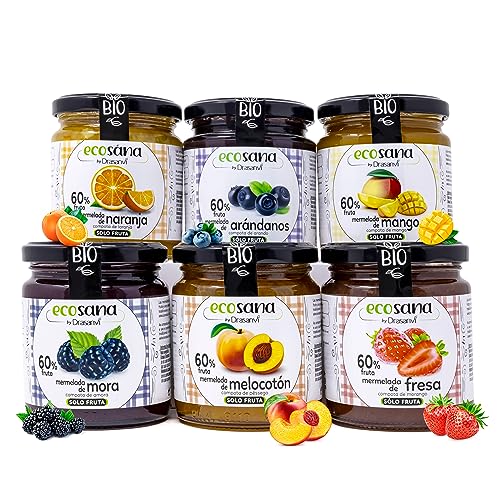 ECOSANA PACK 6 uds MERMELADA SIN AZUCAR SELECCIÓN GOURMET | Certificado BIO | Ingredientes 100% Naturales | Endulzada con zumo de uva | Sin gluten | 250G x 6ud | Fruta Ecológica | Con pectina | Vegano