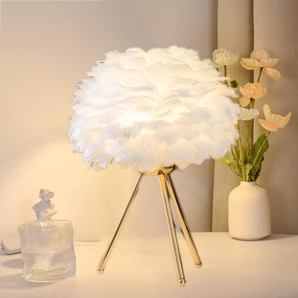 XINYASEE Lampe de Table,lampe de chevet en Plumes d'oie, Douille E27,Corps de lampe à support métallique, 5 couleurs disponibles, Abat-jour en plume d'oie, Lampes de Bureau Design Moderne (Blanc)