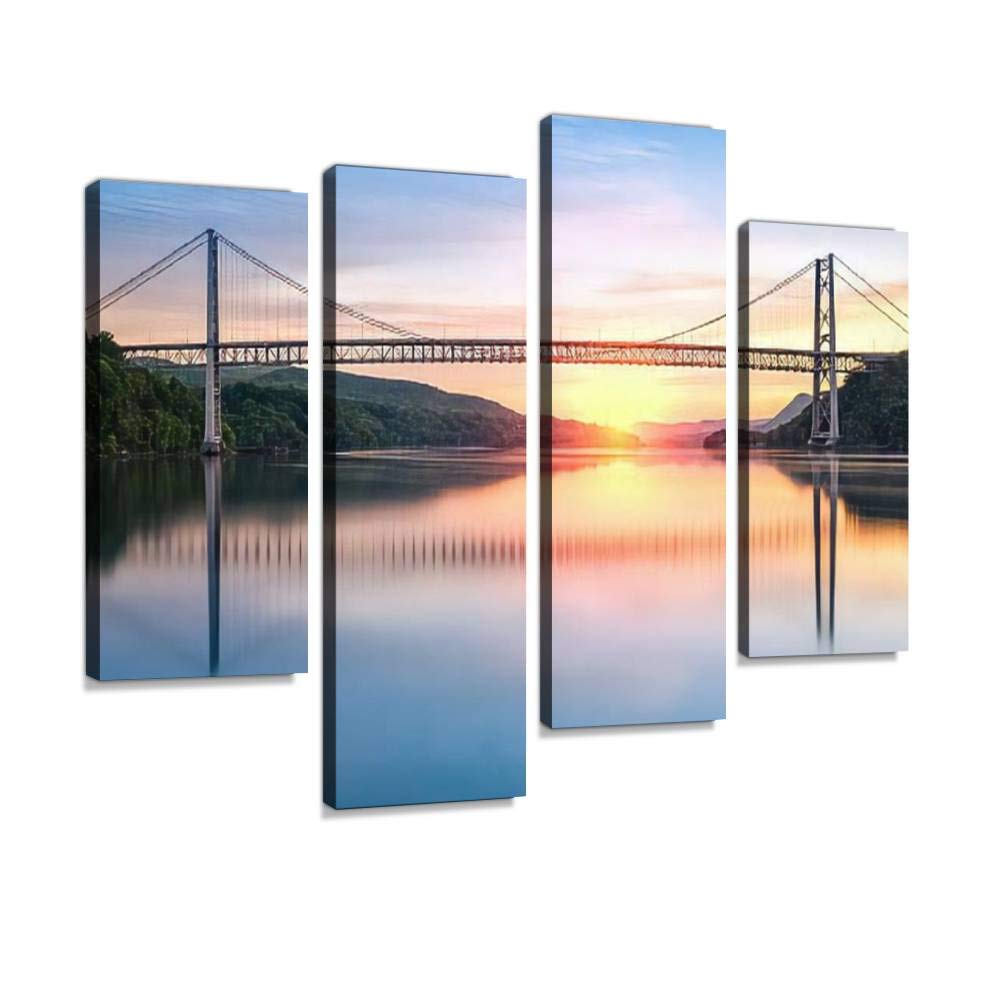 Hudson River Sunrise Canvas Print Artwork Wall Art Pictures Framed Digital Print Abstract Painting Room Home Office Decor Ready to Hang 4 Panel
