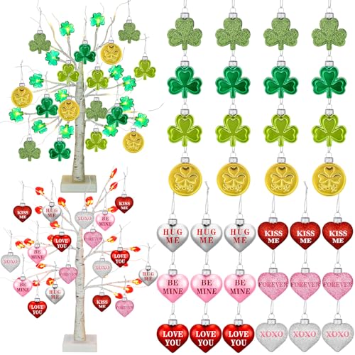 Aurelema 36 piezas de decoración para el día de San Valentín y decoraciones de árbol del día de San Patricio incluyen árbol de abedul iluminado con LED con adornos colgantes en forma de corazón y