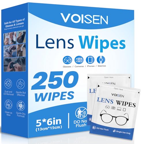Image of VOISEN Lens Wipes for Eyeglasses,250 Pack Eye Glasses Cleaner Wipes | Pre-Moistened Individually Wrapped Lens Wipes,Non-Scratching Non-Streaking,Safe for Eyeglasses, Goggles, Camera Lens, Phone