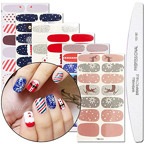 WOKOTO 6 Sheets Adhesive Nail Art Polish Sticker Strips With 1Pcs File Winter Nail Wraps Decals Manicure Kits For Christmas