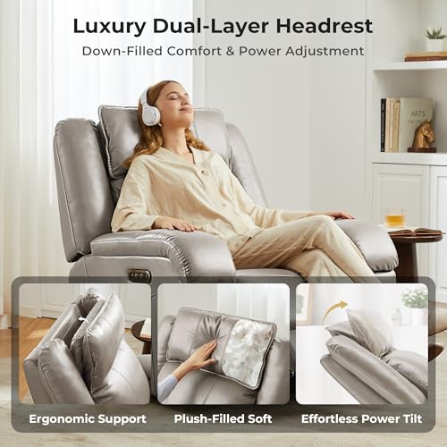 Image of SITJOY Pet Friendly Leather Power Recliner Chair, Zero Wall Hugger RV Recliners with Power Headrest, Charging Ports, Side Pockets, Down-Filled, Scratch Resistant Waterproof Faux Leather in Greige