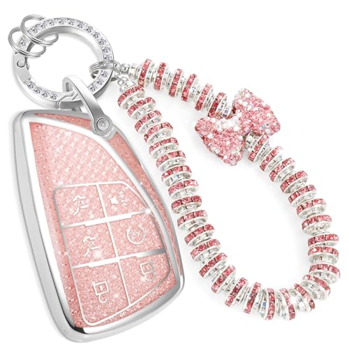 Image of Car Key Fob Cover for Buick, Rhinestone Wristlet Case, Pink | Wear-resistant TPU shell, non-stretch rhinestone wristlet, daily splash, scratch and drop protection, normal signal use