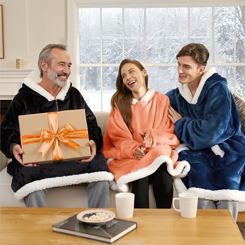 Image of Giggling Getup Wearable Blanket Hoodie for Women Men Gifts for Women Mom Wife Sherpa Fleece Hooded Blanket Sweatshirt Cozy Sherpa Wearable Throw with Pocket & Sleeves for Adult Standard Coral Orange