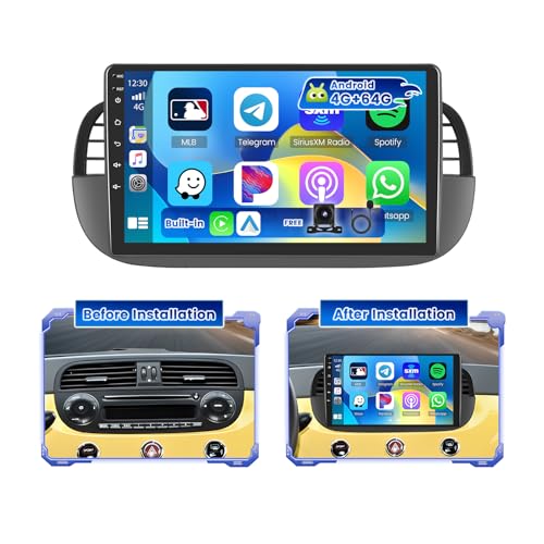 Hikity 4G+64G Android Radio Coche para Fiat 500 2007-2015 con Pantalla Táctil de 9 ', Radio 2 DIN con Carplay Android Auto inalámbrico Radio FM/RDS BT GPS WiFi SWC Enlace Espejo + Cámara Trasera+Mic