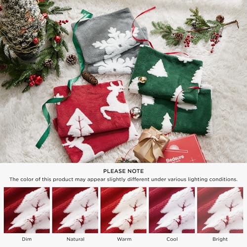 Image of Bedsure Fluffy Christmas Comforter Set Queen - Red Bedding with Running Reindeer, Warm Flannel Fleece Bed Sets for Winter, 3 Pieces, 1 Soft Plush Shaggy Comforter with 2 Pillowcases