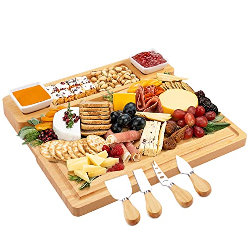 Charcuterie Boards and Knife Set - Bamboo Cheese Board - Wine Meat Cheese Tray Platter - Unique...