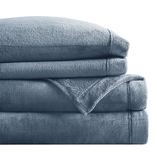 Image of True North by Sleep Philosophy Plush Sheet Set Full, Solid Color, Warm & Soft Bedding Full Size Sheets, Fitted Pocket Fits Up to 16 inch Mattress, Soloft, Full, Blue, 4 Piece