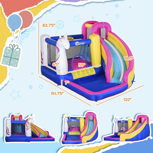 image for Outsunny 5-in-1 Inflatable Bounce House with Slide, Climbing Wall, Wat