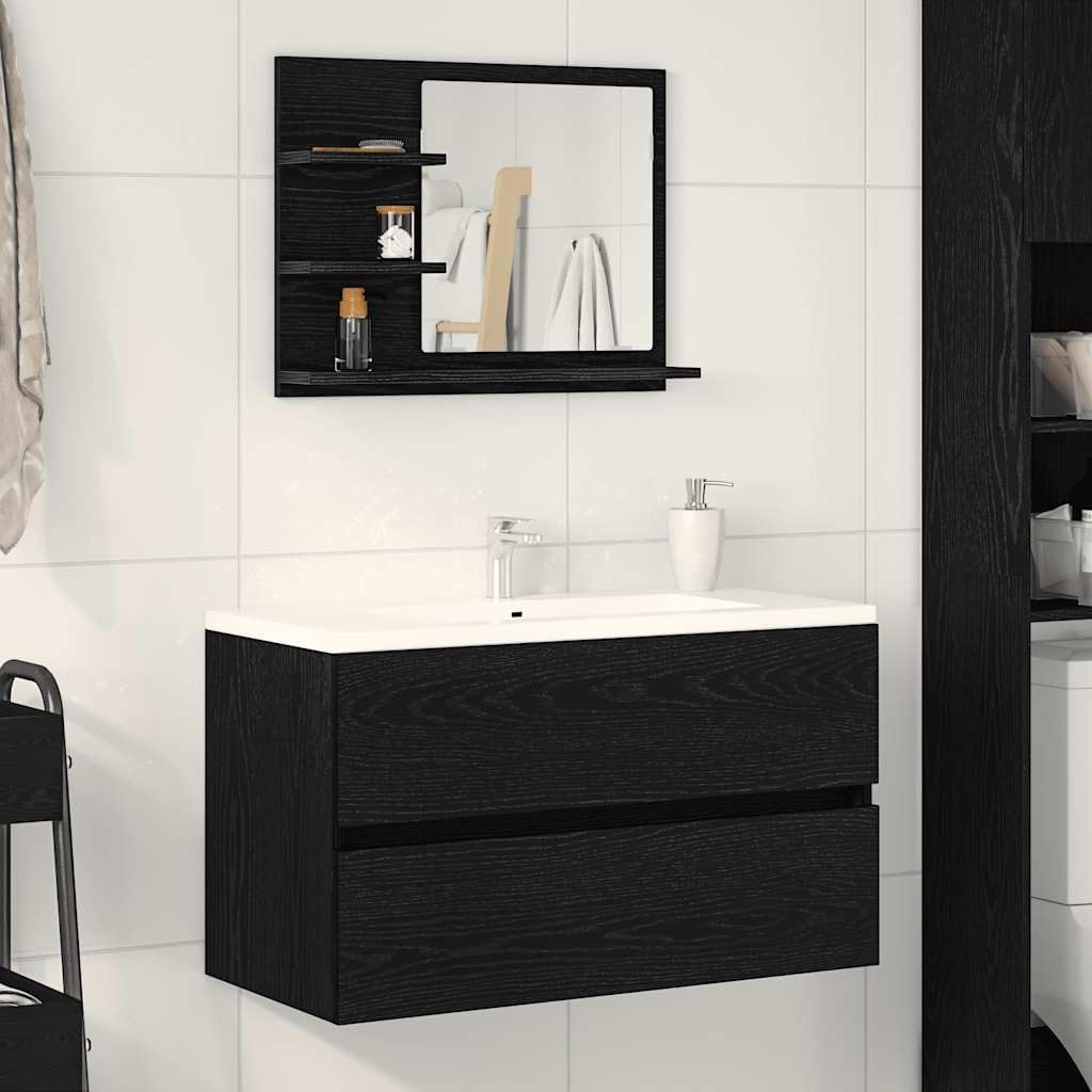 Bathroom Wall Cabinet Black Oak 60 x 10.5 x 45 cm Wood Material Wall Mirror with Shelf Space-Saving Bathroom Furniture with Storage Space for Small Bathrooms and Guest Toilet