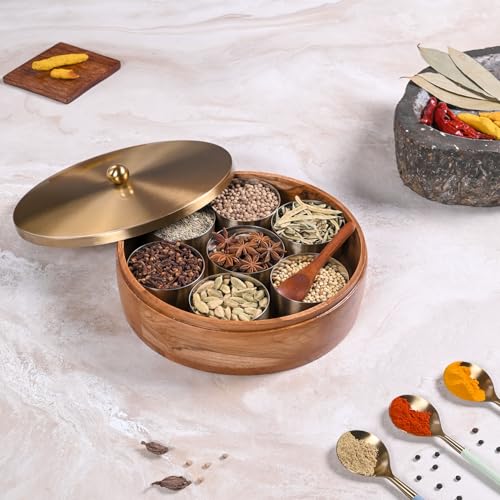 Image of Wooden Masala & Chapati Box Combo - Wooden Masala Box (7 Stainless Steel Jars + Spoon) & Wooden Chapati /Roti Box (Stainless Steel Brass Lid + Tong) - Gold (Plane)