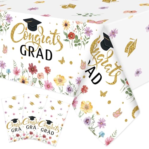 Image of Ganeen 3 Pcs Graduation Tablecloth Floral Class of 2026 Congrats Grad Table Cloths Gold Disposable Plastic Rectangle Table Cover for 2026 Graduation Decorations Grad Party Supplies, 54 x 108 Inch