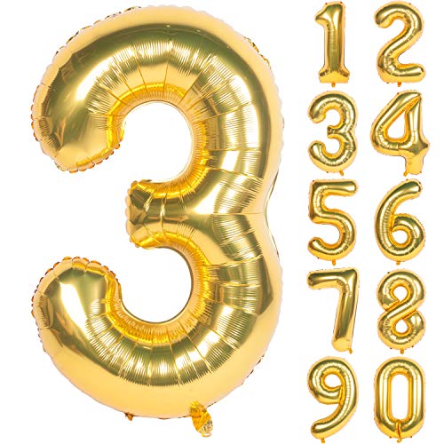 Image of 40In Large Gold Number Balloon 3 Aluminum Foil Mylar Big Number Balloon 0-9 | Suitable for Gold Birthday Parties, Weddings and Anniversary Photography