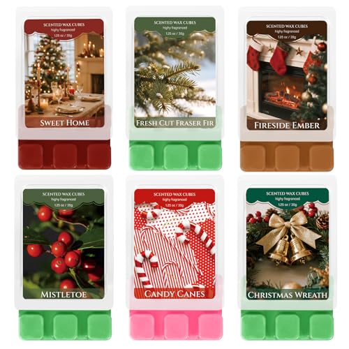 SCENTORINI Wax Melt Gift Set with 6 Scents Soy Wax Cubes in Red Box Ideal for Home Fragrance Lovers Sweet Home Mistletoe Candy Canes Freshly Cut Fraser Fir Fireside Embers