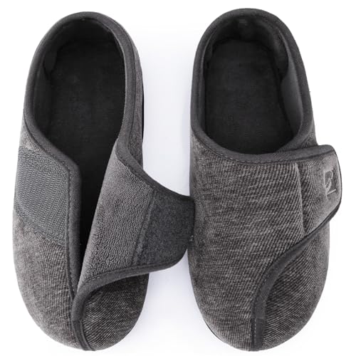 HomeTop Men's Adjustable Chenille Slippers Wide Soft Comfy Non-slip Indoor House Shoes