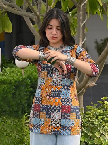 Image of Pinkmint Women's Cotton Blend Printed Short Kurti, Hip-Length Ethnic Tunic for Women, 3 /4 Sleeve Notch Neck, Casual, Office (Available in Plus Sizes & Combo Pack 2)