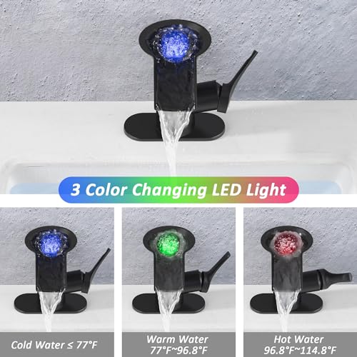 SKOWLL Bathroom Waterfall Faucet, Free Floating Crystal, Single Hole Centerset Bathroom Faucets with LED Lights, Black Vanity Faucet, Include 6 Inch Deck Panel by SKOWLL - Used condition - Image 3