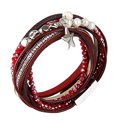 joymiao Pulsera Trenzada de Cuero Pulsera de Cuero cristalino Pulseras de Cuero Pulsera de Cuero Multi-Capa con Brazalete magnético para Mujeres (Rojo)