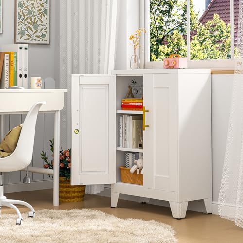 Image of pozdeg 35.43 inch Lockable Metal Storage Cabinet, Steel Office File Cabinet | Garage Tool Cabinet with 2 Adjustable Shelves, Freestanding Multi‑Purpose Cabinet for Home, Office & Garage, White